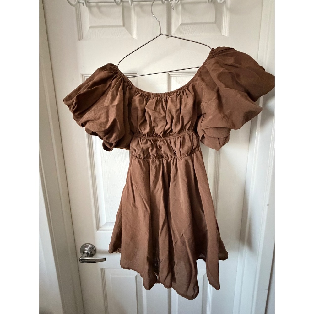 Princess Polly Brown Puff Sleeve Smocked Mini Dress US 4 Off Shoulder Boho